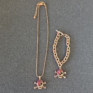 Rose Gold Skull & Crossbones Necklace and Bracelet Set with Red Accents